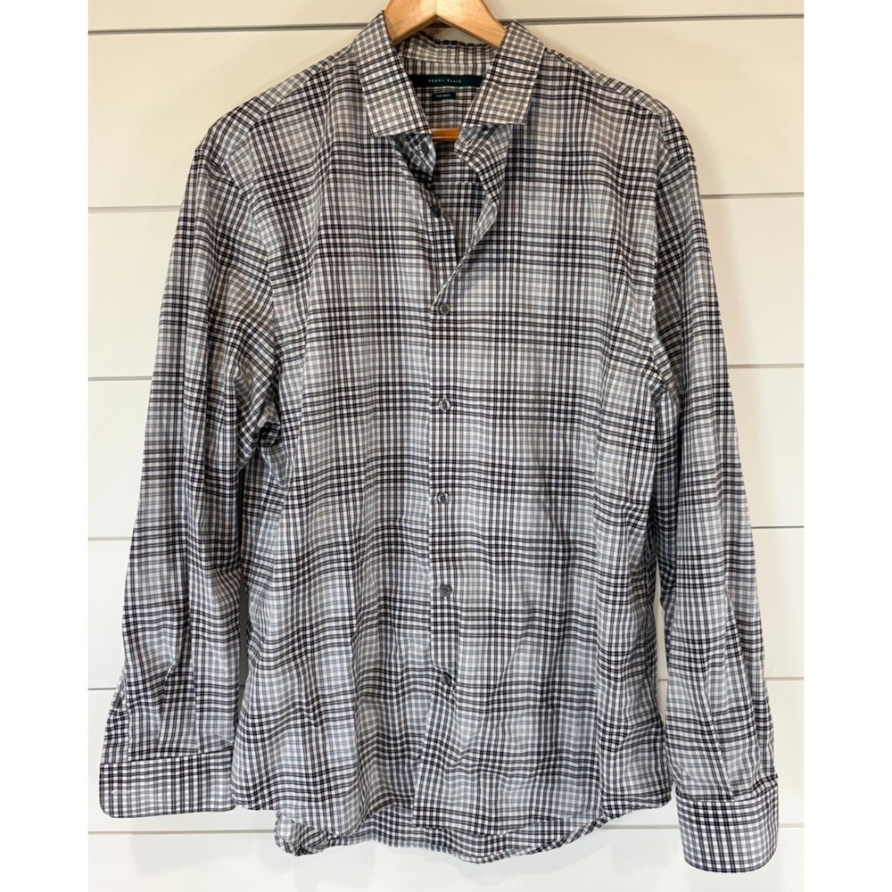 Perry Ellis Men's XL No-Iron Long Sleeve Button-Up Plaid Shirt Black White‎